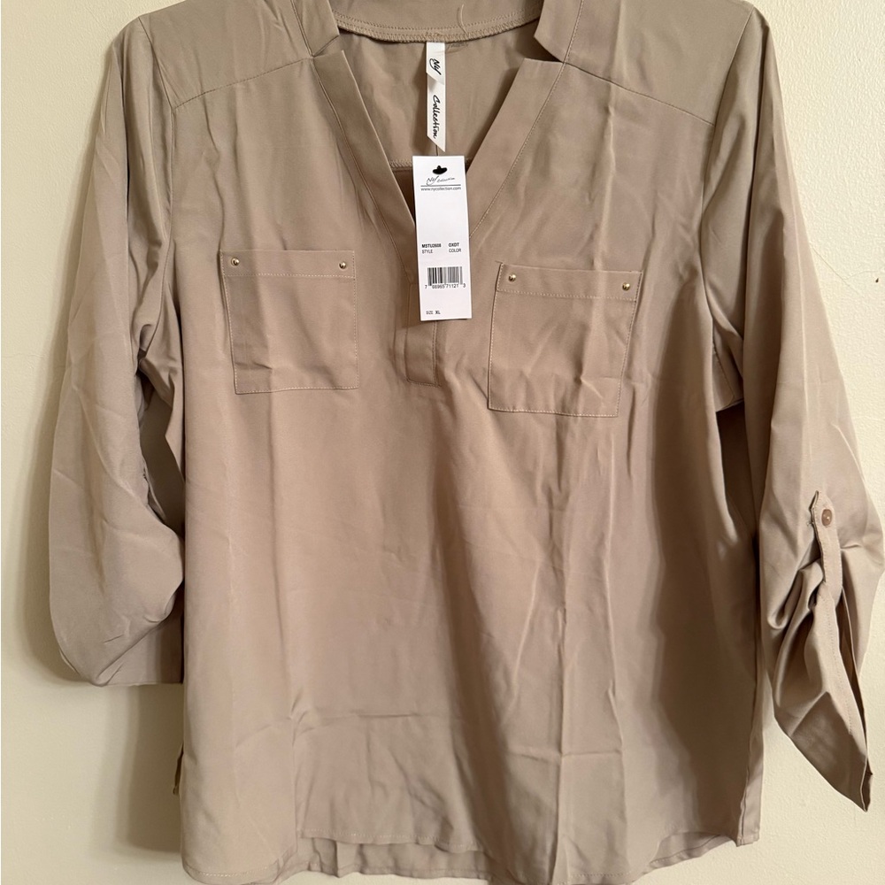 NY Collection Tan Shirt with button accents